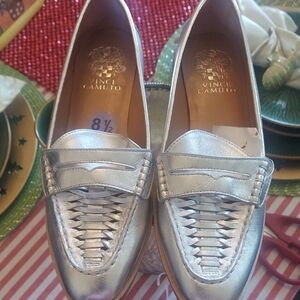 Vince Camuto Metallic Silver Woven Penny Loafers